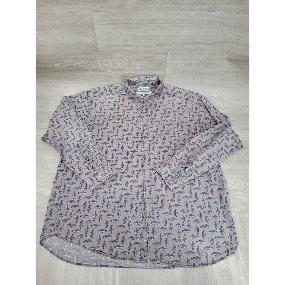 Vintage 90s Columbia Men's 2XL Bass Fish Print Button Shirt Brown Blue Fishing